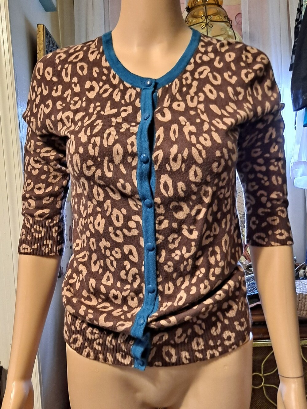 Merona Leopard Print Cardigan Sweater with Teal Trim